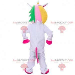 Mascote unicórnio branco com crina multicolorida -