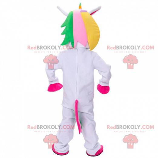 Mascote unicórnio branco com crina multicolorida -