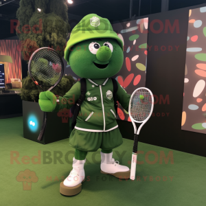 Forest Green Tennis Racket mascot costume character dressed with a Bomber Jacket and Brooches