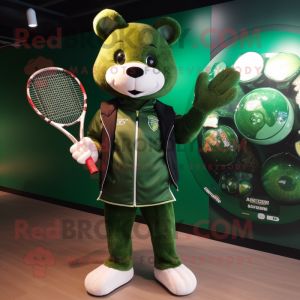 Forest Green Tennis Racket mascot costume character dressed with a Bomber Jacket and Brooches