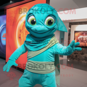 Turquoise But mascot costume character dressed with a Turtleneck and Wraps