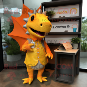 Orange Stegosaurus mascot costume character dressed with a Raincoat and Wallets