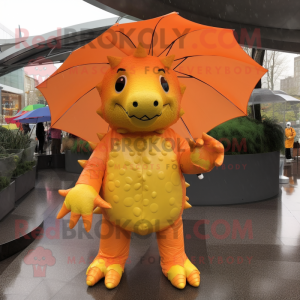 Orange Stegosaurus mascot costume character dressed with a Raincoat and Wallets