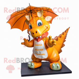 Orange Stegosaurus mascot costume character dressed with a Raincoat and Wallets
