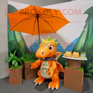 Orange Stegosaurus mascot costume character dressed with a Raincoat and Wallets