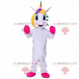 Mascotte unicorno bianco con criniera multicolore -