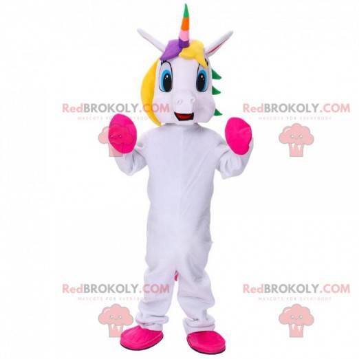 Mascote unicórnio branco com crina multicolorida -