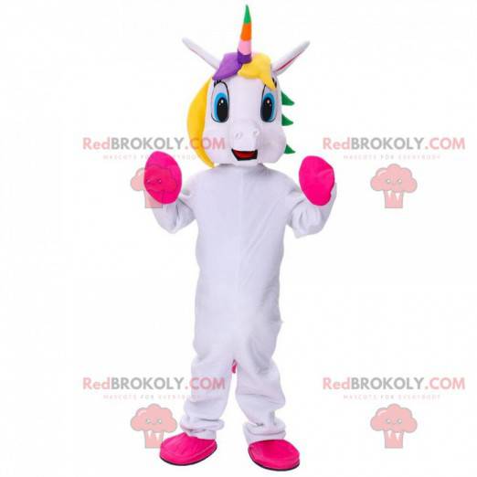 Mascotte unicorno bianco con criniera multicolore -