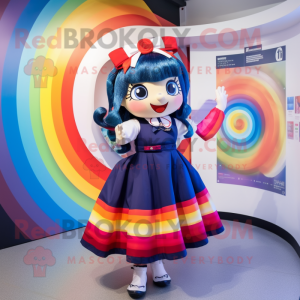 Navy Rainbow mascot costume character dressed with a Circle Skirt and Hair clips