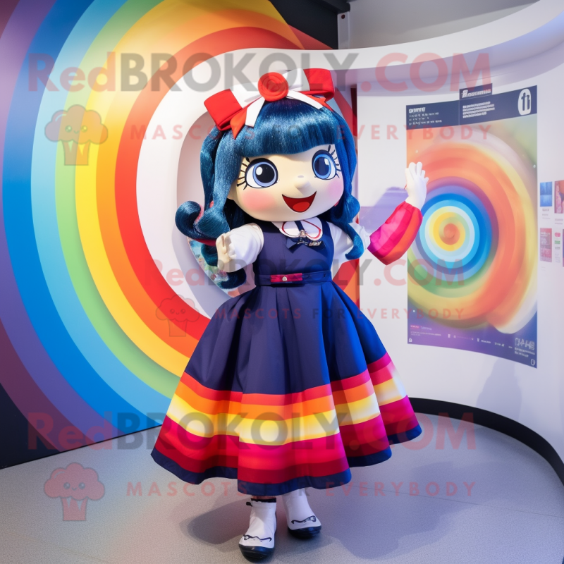 Navy Rainbow mascot costume character dressed with a Circle Skirt and Hair clips Navy Rainbow mascot costume character dressed with a Circle Skirt and Hair clips