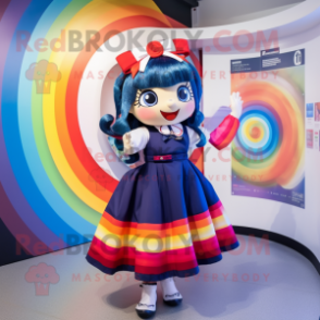 Navy Rainbow mascot costume character dressed with a Circle Skirt and Hair clips