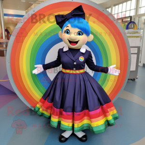 Navy Rainbow mascot costume character dressed with a Circle Skirt and Hair clips