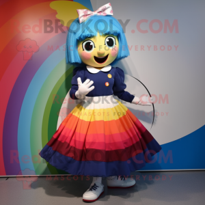 Navy Rainbow mascot costume character dressed with a Circle Skirt and Hair clips