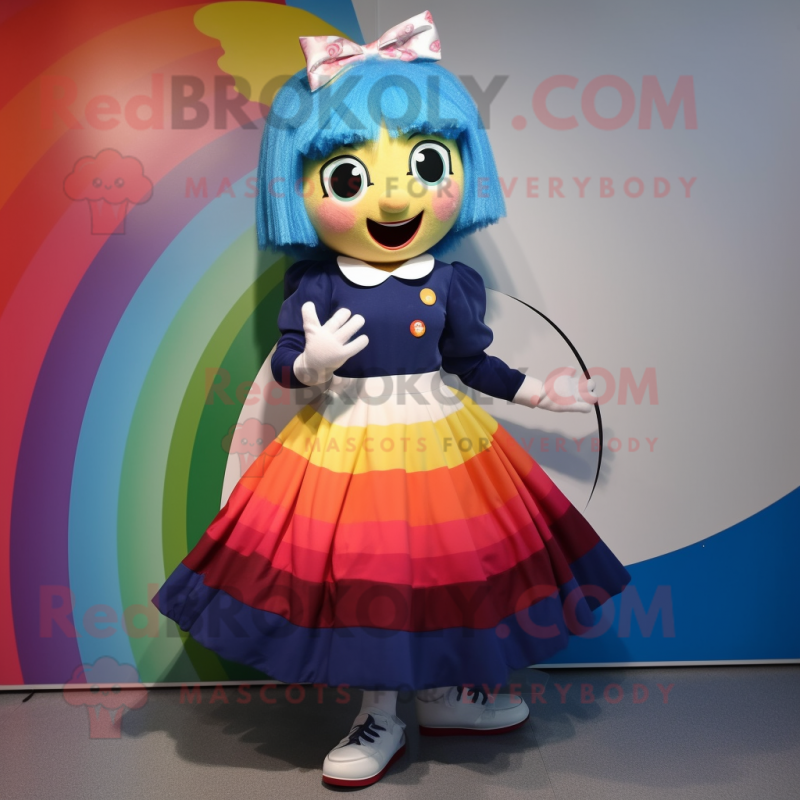 Navy Rainbow mascot costume character dressed with a Circle Skirt and Hair clips Navy Rainbow mascot costume character dressed with a Circle Skirt and Hair clips