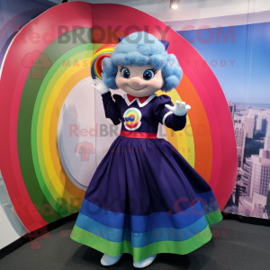 Navy Rainbow mascot costume character dressed with a Circle Skirt and Hair clips