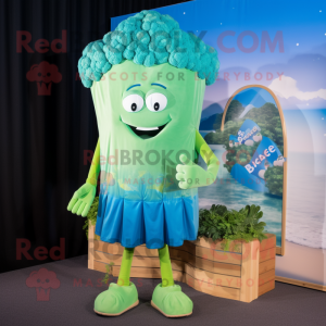 Cyan Broccoli mascot costume character dressed with a Board Shorts and Pocket squares