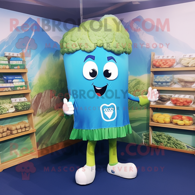 Cyan Broccoli mascot costume character dressed with a Board Shorts and Pocket squares