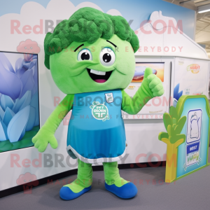 Cyan Broccoli mascot costume character dressed with a Board Shorts and Pocket squares