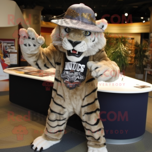 Silver Saber-Toothed Tiger mascot costume character dressed with a Rash Guard and Hats