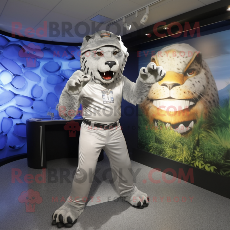 Silver Saber-Toothed Tiger mascot costume character dressed with a Rash Guard and Hats Silver Saber-Toothed Tiger mascot costume character dressed with a Rash Guard and Hats