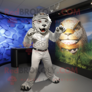 Silver Saber-Toothed Tiger mascot costume character dressed with a Rash Guard and Hats