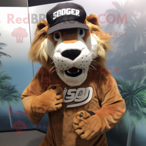 Silver Saber-Toothed Tiger mascot costume character dressed with a Rash Guard and Hats