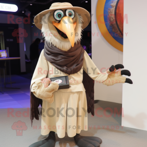 Beige Crow mascot costume character dressed with a Suit Jacket and Scarves