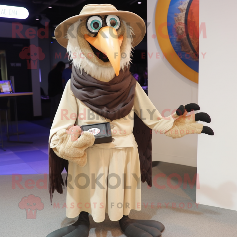 Beige Crow mascot costume character dressed with a Suit Jacket and Scarves Beige Crow mascot costume character dressed with a Suit Jacket and Scarves