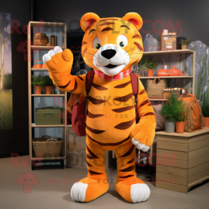 Orange Tiger mascot costume character dressed with a Flannel Shirt and Coin purses