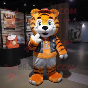 Orange Tiger mascot costume character dressed with a Flannel Shirt and Coin purses