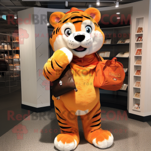 Orange Tiger mascot costume character dressed with a Flannel Shirt and Coin purses