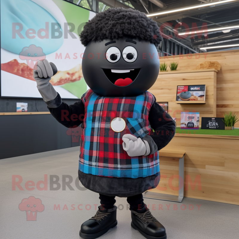 Black Burgers mascot costume character dressed with a Flannel Shirt and Smartwatches Black Burgers mascot costume character dressed with a Flannel Shirt and Smartwatches