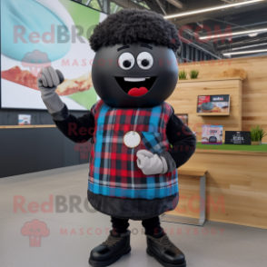 Black Burgers mascot costume character dressed with a Flannel Shirt and Smartwatches