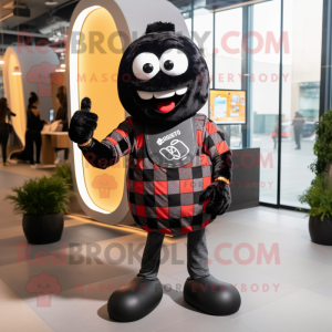 Black Burgers mascot costume character dressed with a Flannel Shirt and Smartwatches