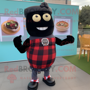 Black Burgers mascot costume character dressed with a Flannel Shirt and Smartwatches