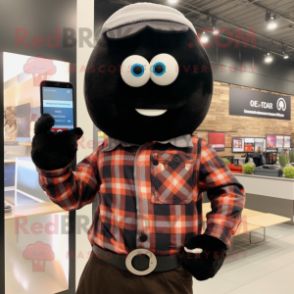 Black Burgers mascot costume character dressed with a Flannel Shirt and Smartwatches