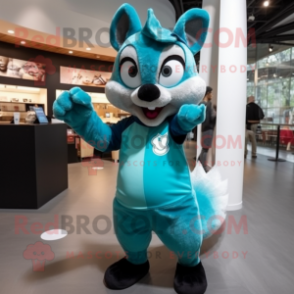 Teal Squirrel mascot costume character dressed with a Graphic Tee and Gloves