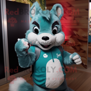 Teal Squirrel mascot costume character dressed with a Graphic Tee and Gloves