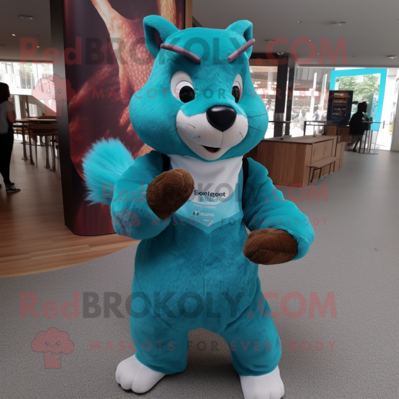 Teal Squirrel mascot costume character dressed with a Graphic Tee and Gloves Teal Squirrel mascot costume character dressed with a Graphic Tee and Gloves