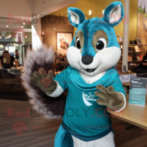 Teal Squirrel mascot costume character dressed with a Graphic Tee and Gloves