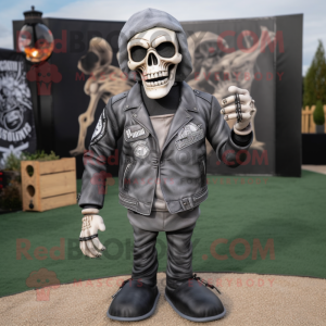 Gray Graveyard mascot costume character dressed with a Biker Jacket and Shoe laces