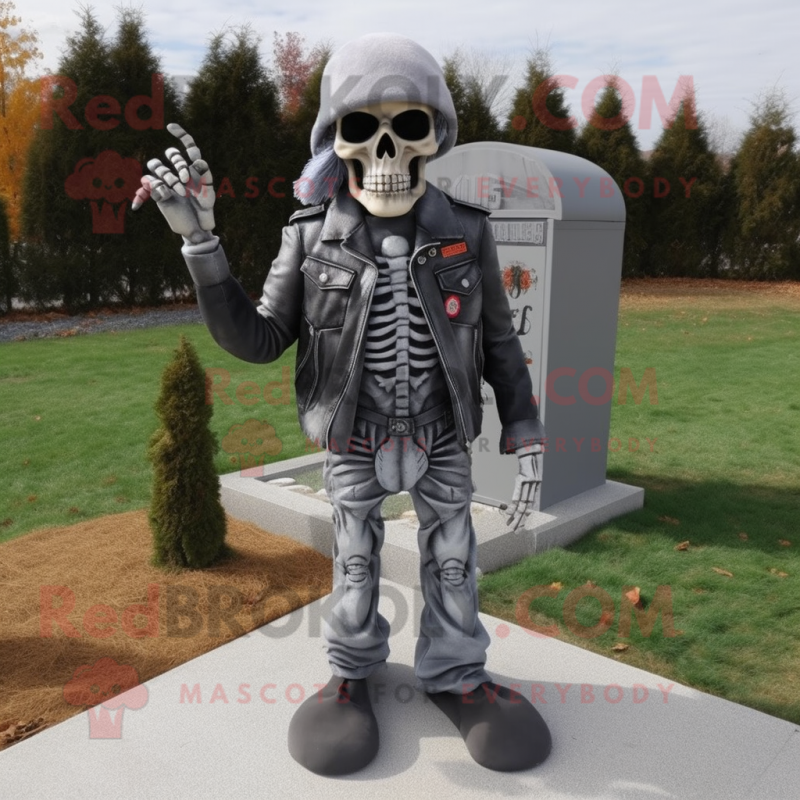 Gray Graveyard mascot costume character dressed with a Biker Jacket and Shoe laces