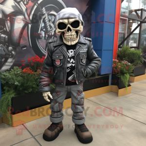 Gray Graveyard mascot costume character dressed with a Biker Jacket and Shoe laces