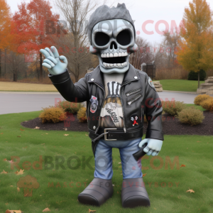 Gray Graveyard mascot costume character dressed with a Biker Jacket and Shoe laces