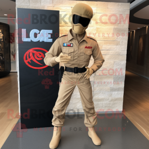 Tan Gi Joe mascot costume character dressed with a Flare Jeans and Brooches