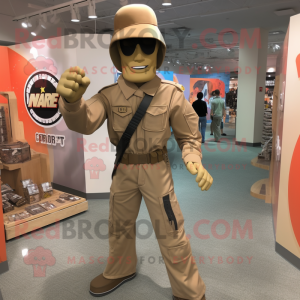Tan Gi Joe mascot costume character dressed with a Flare Jeans and Brooches