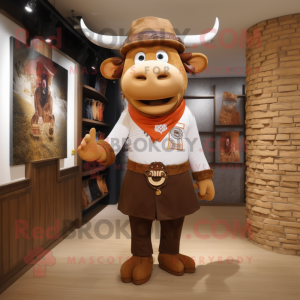 Brown Bull mascot costume character dressed with a Shift Dress and Berets