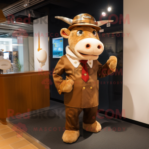 Brown Bull mascot costume character dressed with a Shift Dress and Berets