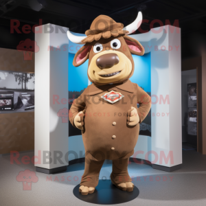 Brown Bull mascot costume character dressed with a Shift Dress and Berets