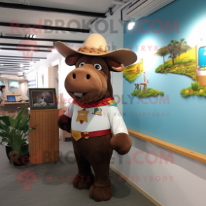 Brown Bull mascot costume character dressed with a Shift Dress and Berets